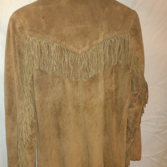 SOLD women's denim and co 100% leather shell fringe tan jacket button up small - Picture 11 of 11